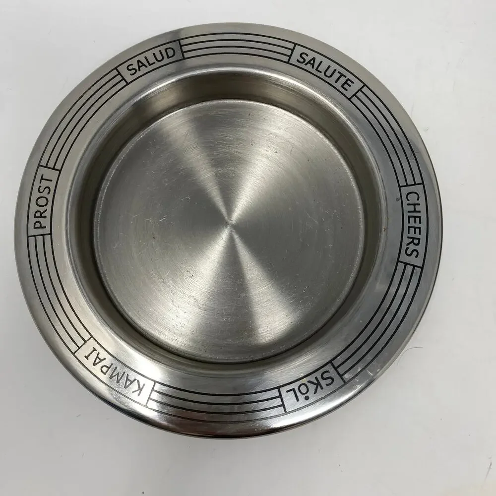 Bar tray and wine coaster “Cheers” in 6 languages silver chrome Home cocktail